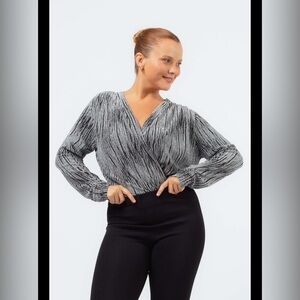 Nine West Gray and Black 3/4 Sleeve Wrap Blouse